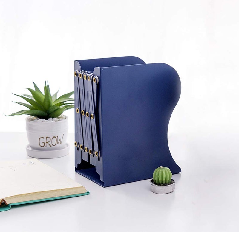 JIARI Book Ends, Blue Decorative Metal Iron Bookends Holder Stand Desk Nonskid Adjustable Bookend (Blue) - Image 3